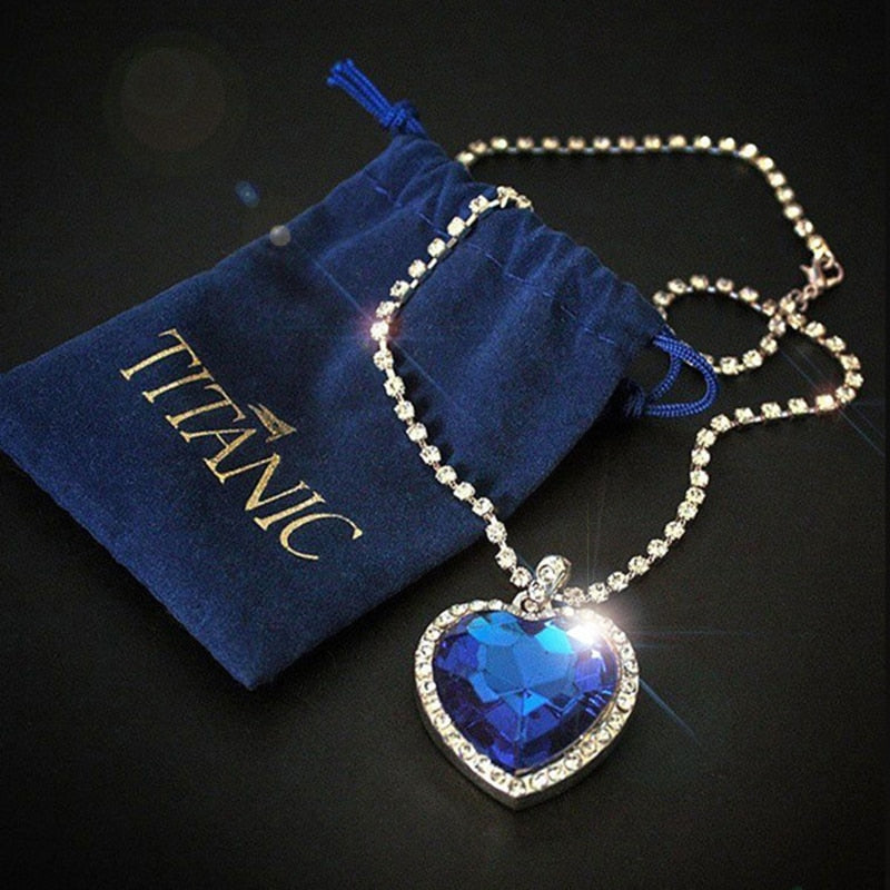 Titanic Heart of Ocean Blue Heart Love Forever Pendant Necklace + Velvet Bag