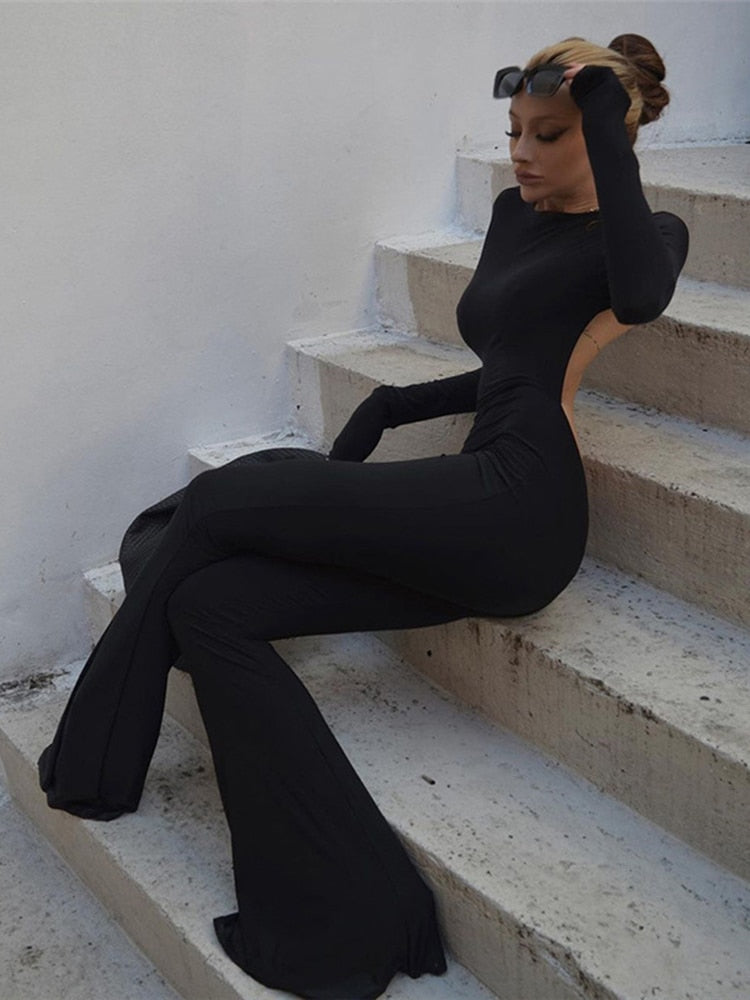 Cryptographic Black Sexy Backless Jumpsuits