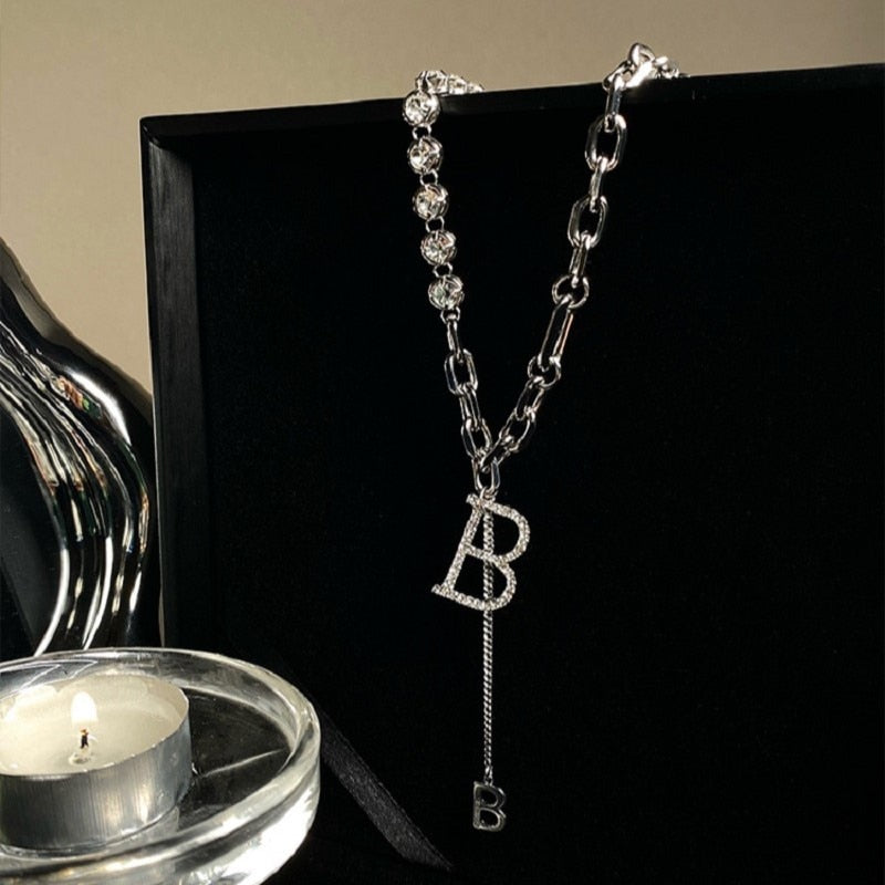 Zircon D Letter Pendant Long Necklace