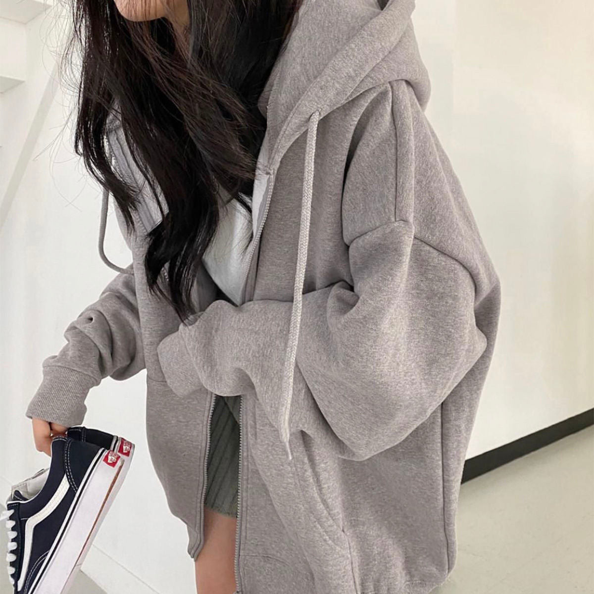 Women Hoodies Solid Color Zip Up Pocket Oversized Harajuku Korean Sweatshirts Female Long Sleeve Hooded Streetwear Casual Top