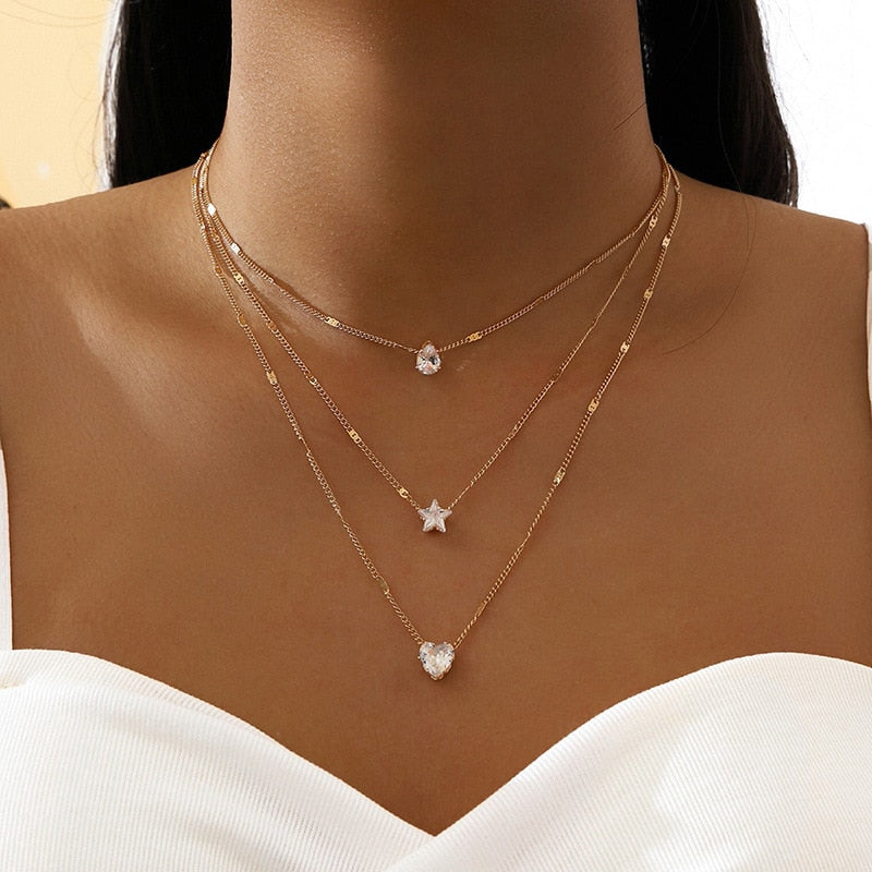 Crystal Zircon Heart Star Pendant Necklace