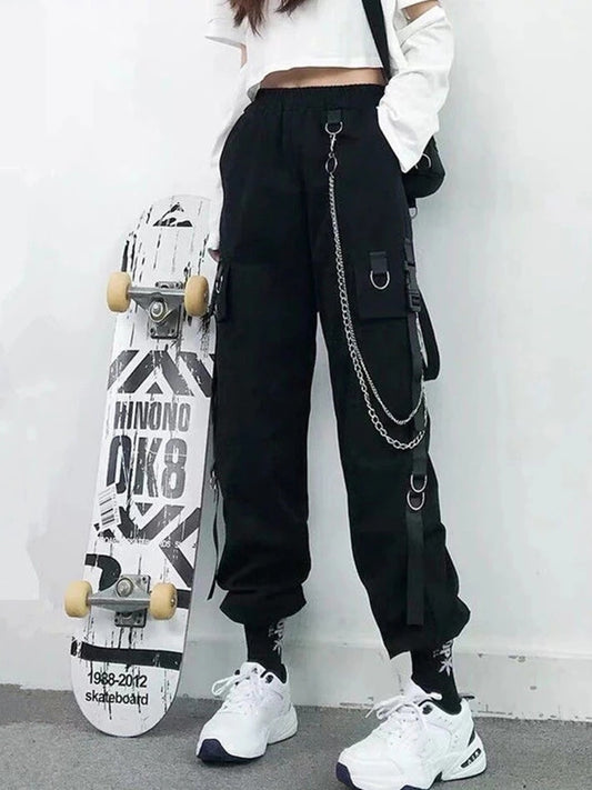 Women Cargo Pants 2021 Harem Pants Fashion Punk Pockets Jogger Trousers With Chain Harajuku Elastics High Waist Streetwear