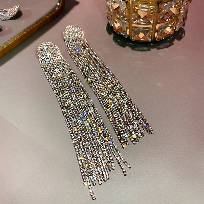 FYUAN Long Tassel Rhinestone Earrings