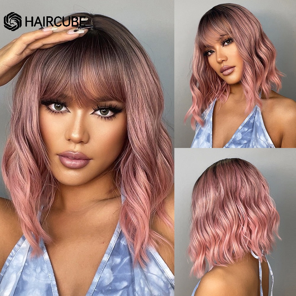 Medium Length Water Wave Synthetic Wigs Cute Pink