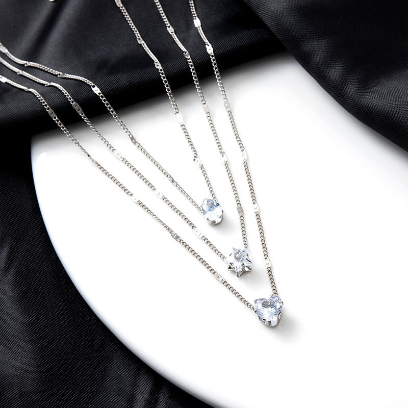 Crystal Zircon Heart Star Pendant Necklace