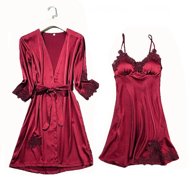 Satin Lace Pajamas Set Women Strap Top Pants Sleepwear Sleep Suit Spring Autumn Pyjamas Home Wear Nightwear Robe Gown M-XXL