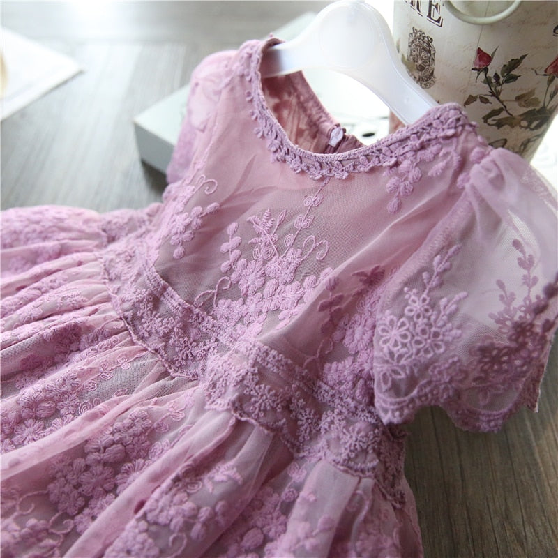 Girls Dress Embroidery Princess Party Autumn Spring Kids Children Clothes Elegant Purple And White 3-8T Lace Flower Girl Dresses