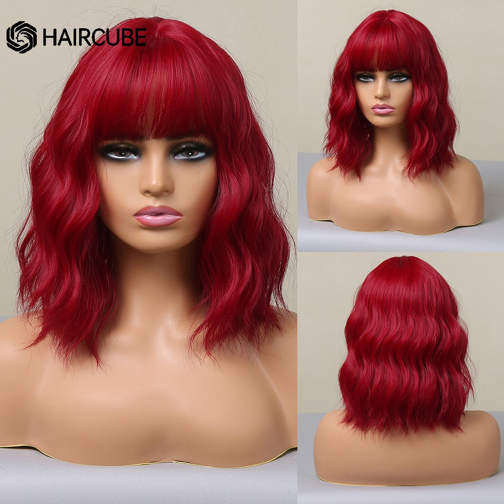 Medium Length Water Wave Synthetic Wigs Cute Pink