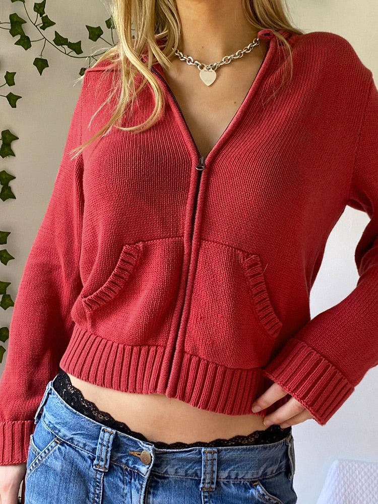 Sweetown Vintage marron solide à capuche Y2K chandails femmes automne hiver lanterne manches fermeture éclair veste Cardigan tricoté sweats à capuche 2022