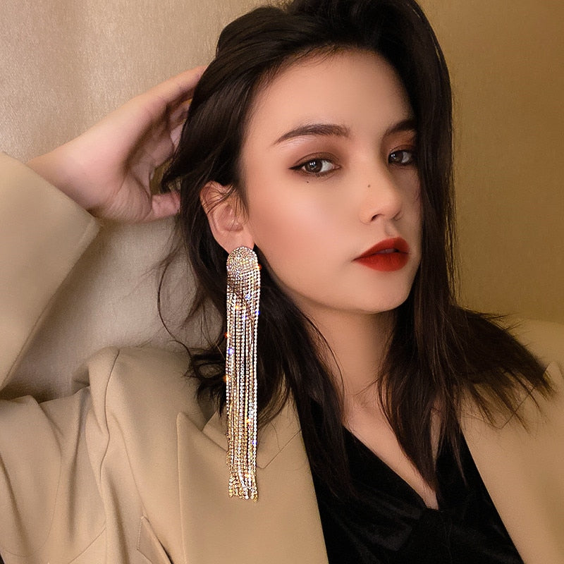 FYUAN Long Tassel Rhinestone Earrings