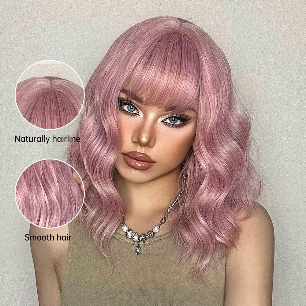 Medium Length Water Wave Synthetic Wigs Cute Pink