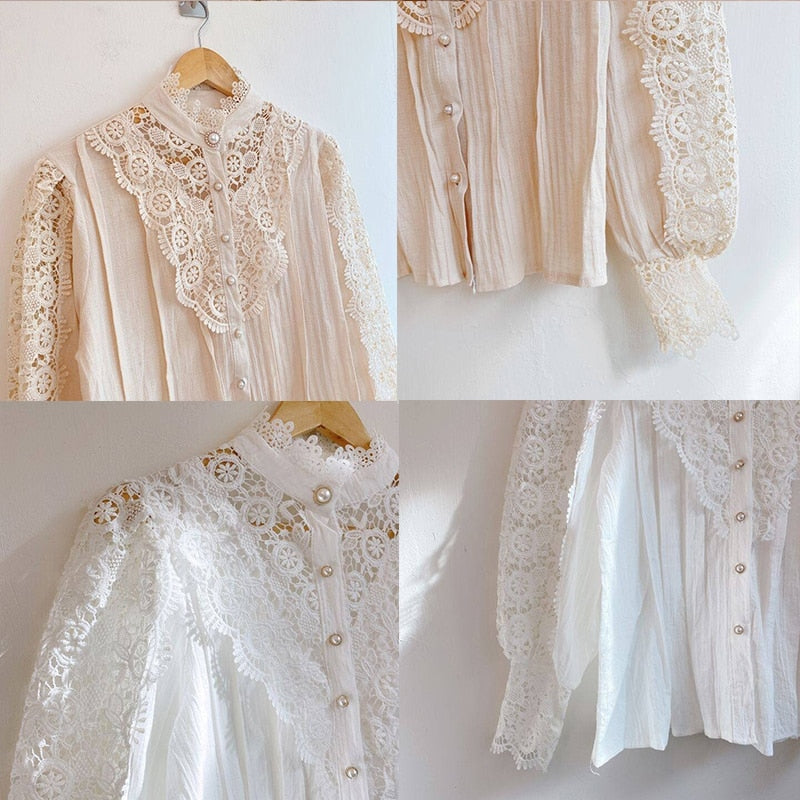 Vintage solide blanc dentelle Blouse chemises femmes nouveau bouton coréen lâche chemise hauts femme creux décontracté dames Blouses Blusas 12928