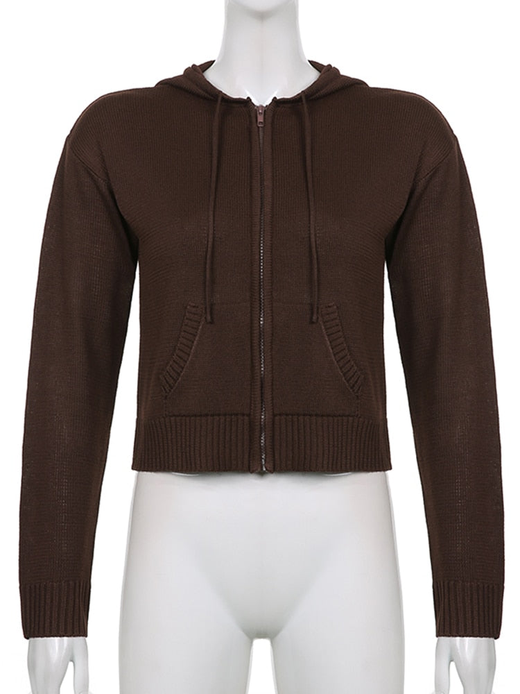 Sweetown Vintage marron solide à capuche Y2K chandails femmes automne hiver lanterne manches fermeture éclair veste Cardigan tricoté sweats à capuche 2022