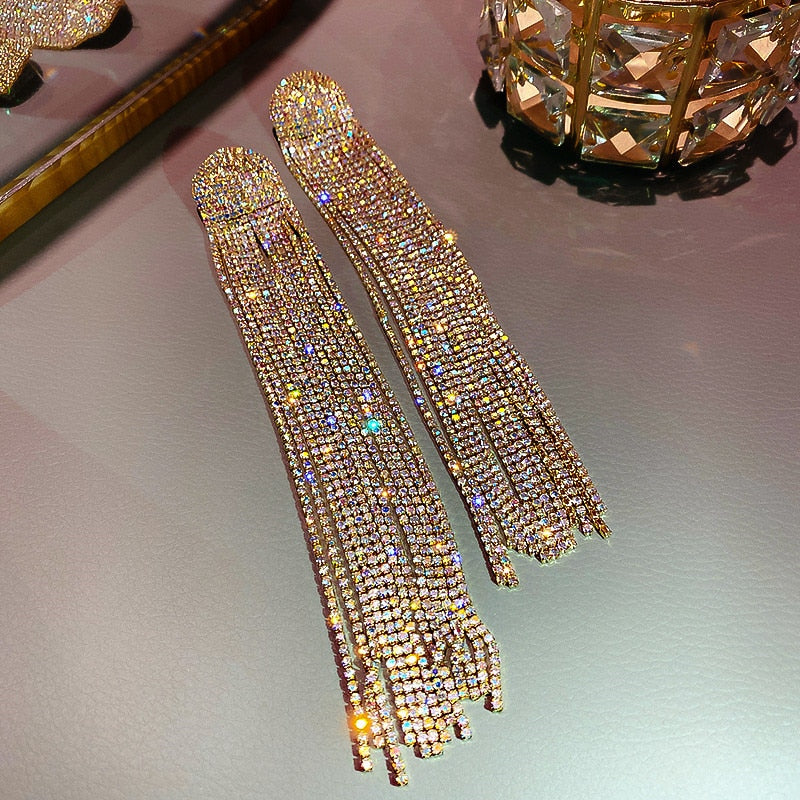 FYUAN Long Tassel Rhinestone Earrings