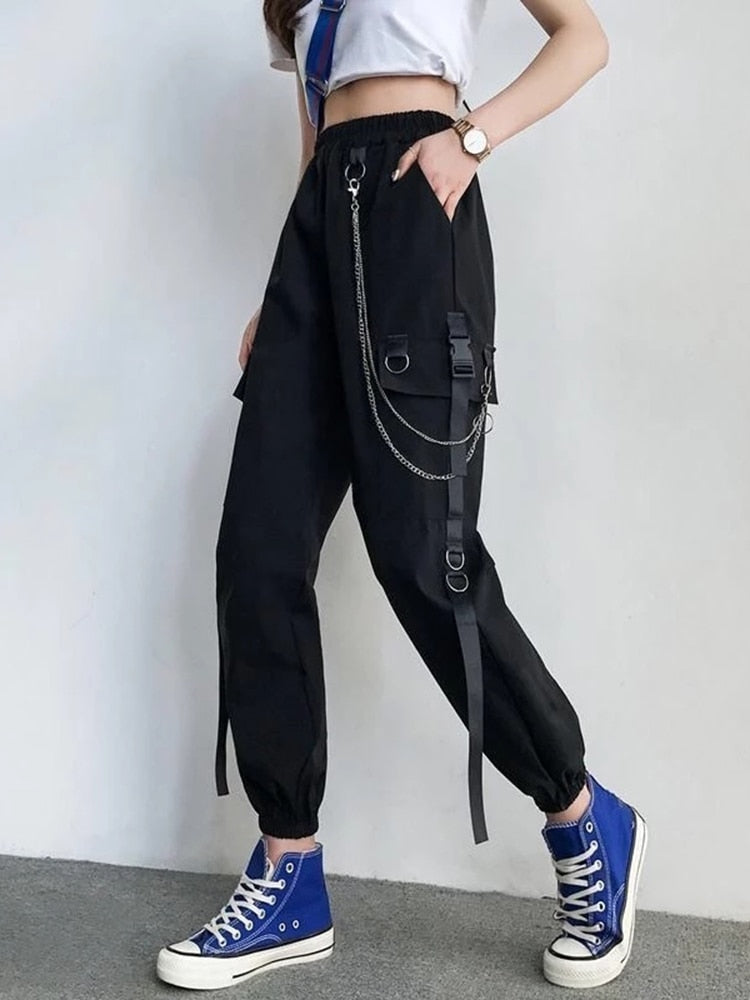 Women Cargo Pants 2021 Harem Pants Fashion Punk Pockets Jogger Trousers With Chain Harajuku Elastics High Waist Streetwear