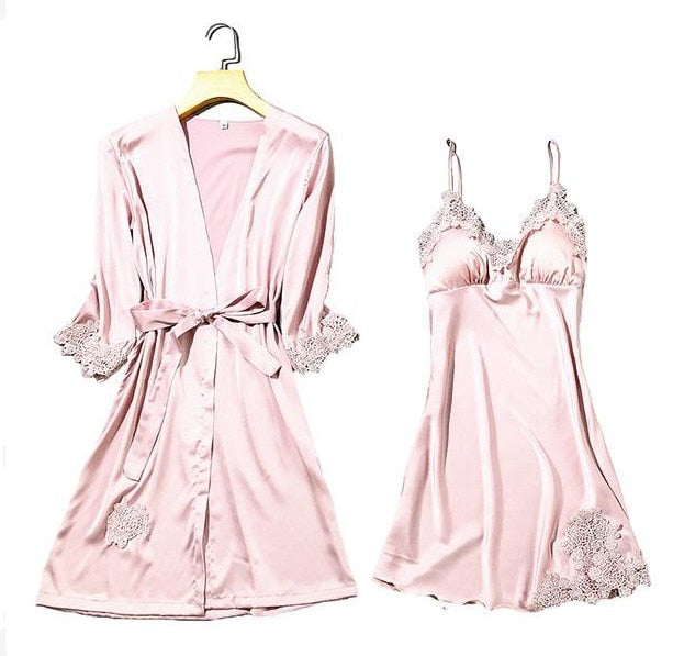 Satin Lace Pajamas Set Women Strap Top Pants Sleepwear Sleep Suit Spring Autumn Pyjamas Home Wear Nightwear Robe Gown M-XXL