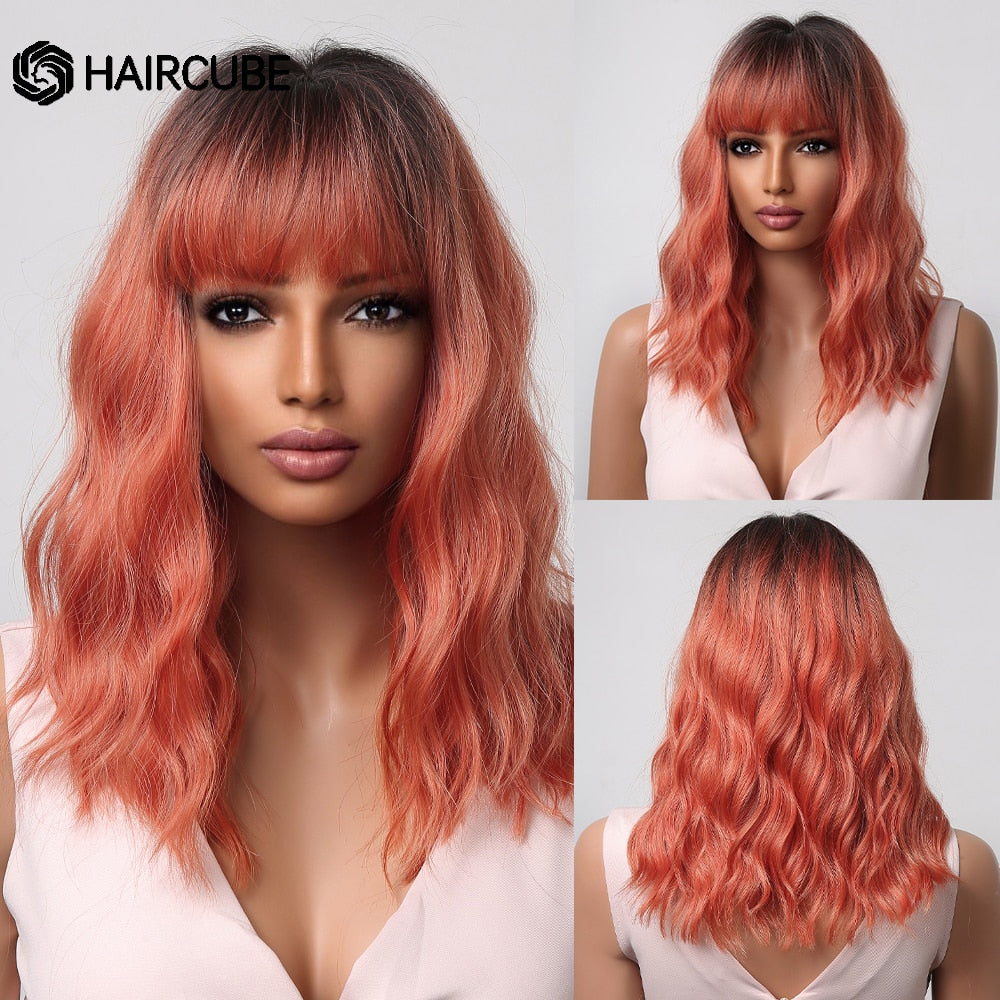 Medium Length Water Wave Synthetic Wigs Cute Pink