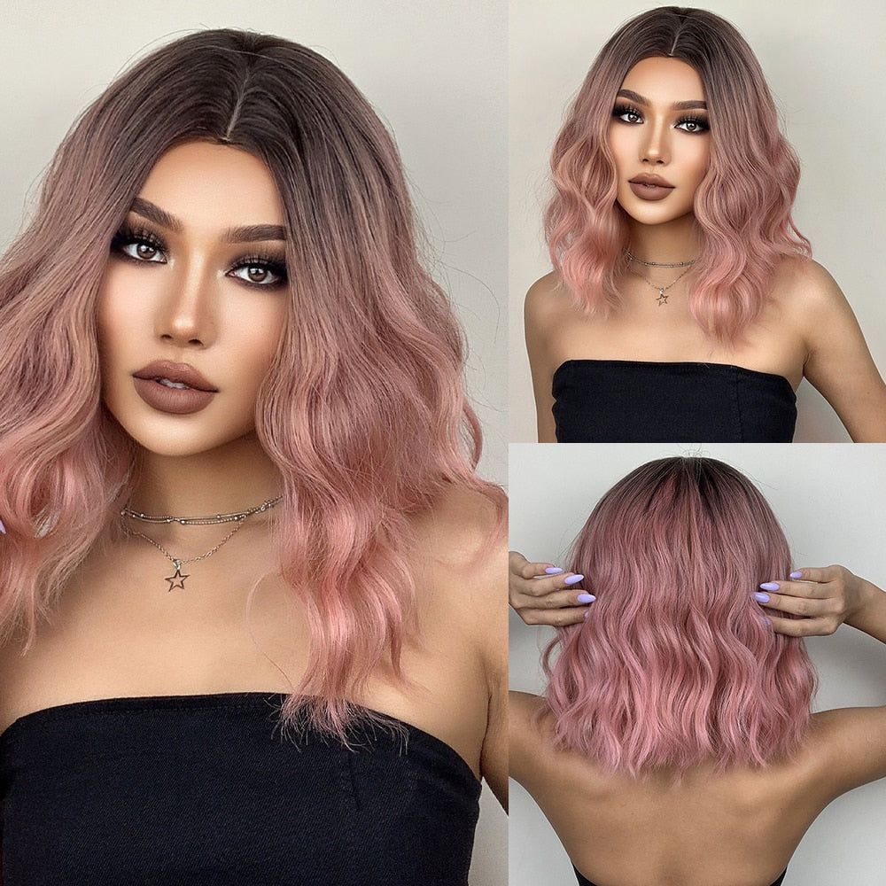 Medium Length Water Wave Synthetic Wigs Cute Pink