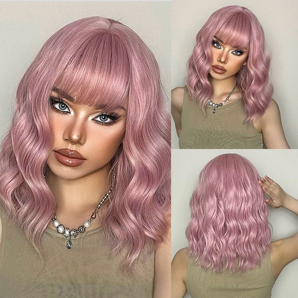 Medium Length Water Wave Synthetic Wigs Cute Pink