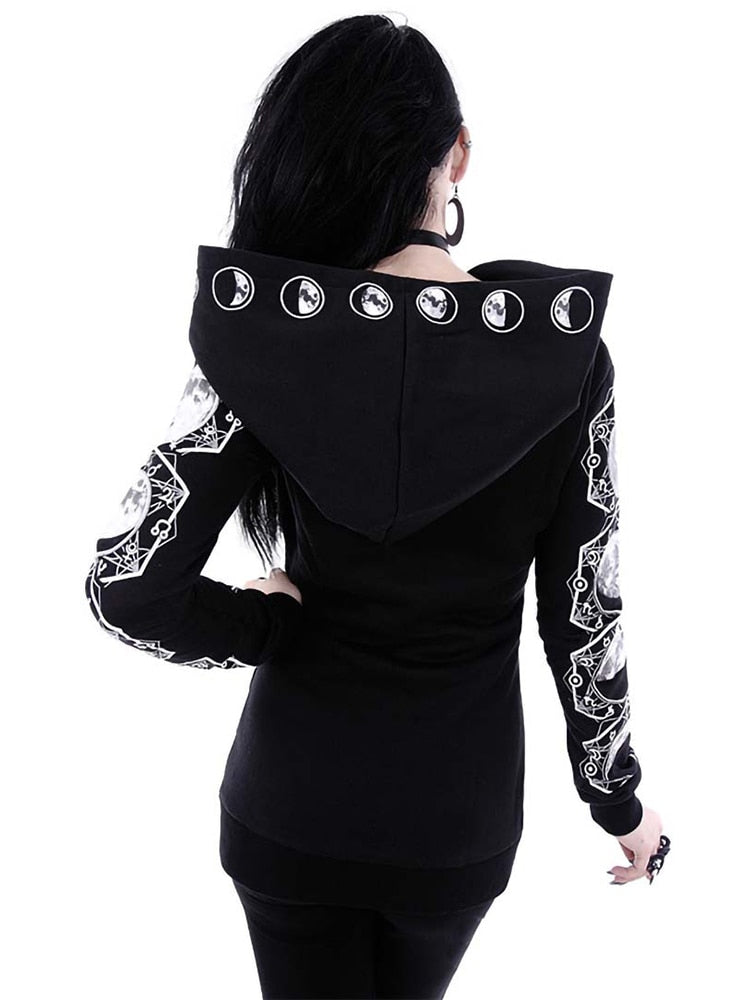 5XL Gothic Punk Women Print Long Sleeve Hoodies Sweatshirts Casual Zipper Jacket Hooded Tops Female Autumn Winter Black Hoodies.