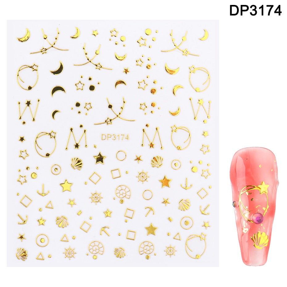 1pcs Gold Silver Sliders 3D Nail Stickers