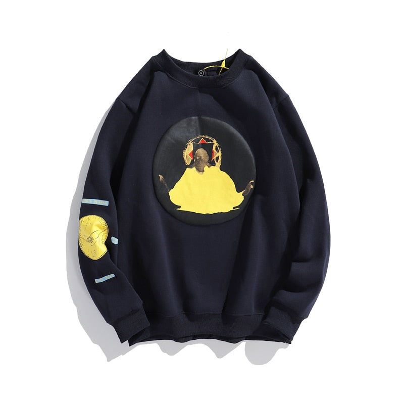 Harajuku Retro Smiley Flame Print Round Neck Sweatshirts Men and Women Plus Velvet Streetwear Fleece Hoodie Pullover