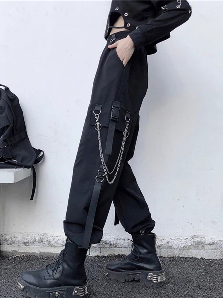 Femmes Cargo pantalon 2021 sarouel mode Punk poches survêtement pantalon avec chaîne Harajuku élastiques taille haute Streetwear