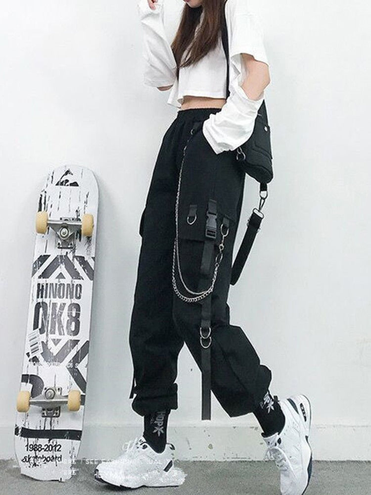 Women Cargo Pants 2021 Harem Pants Fashion Punk Pockets Jogger Trousers With Chain Harajuku Elastics High Waist Streetwear