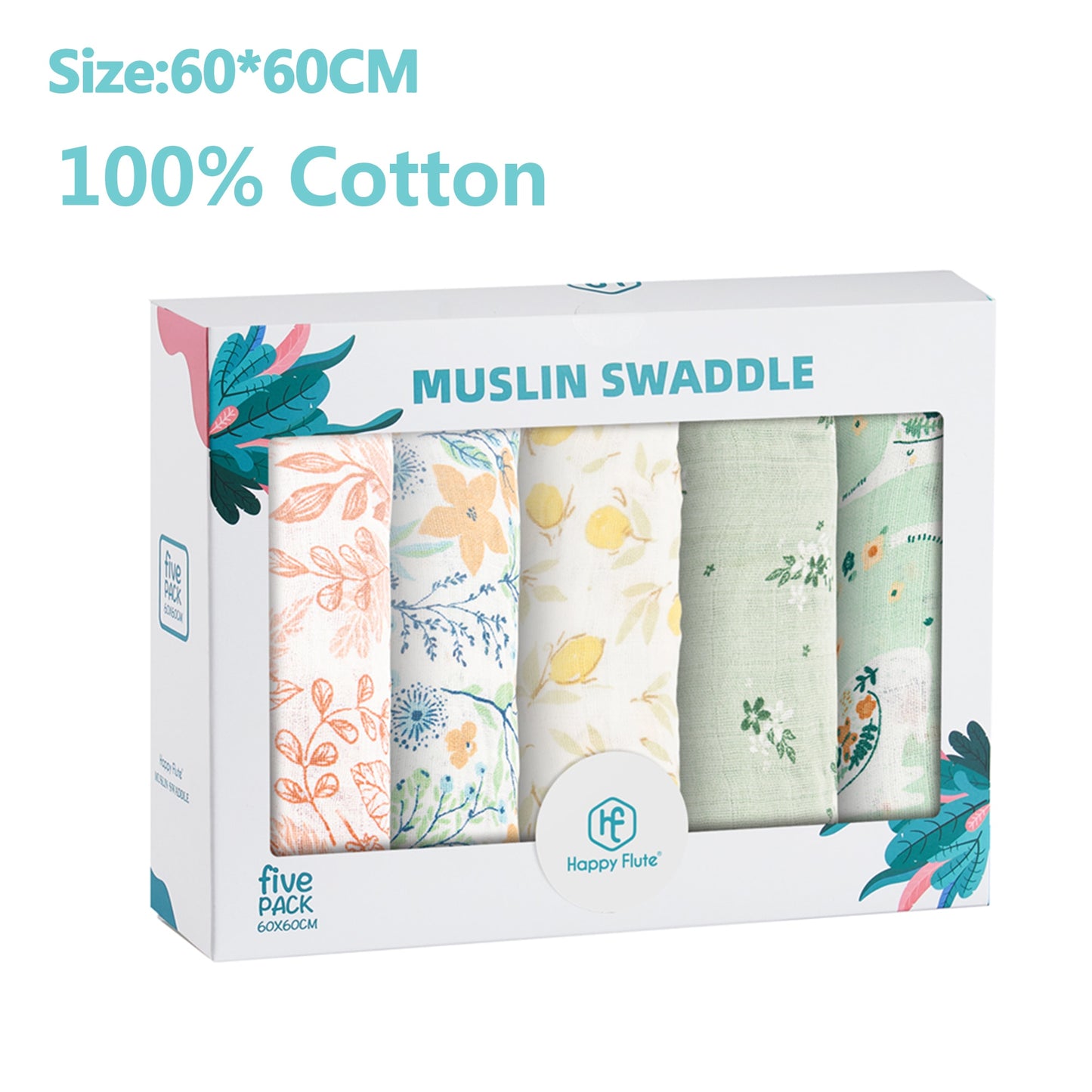 HappyFlute 5Pcs/set Muslin Swaddle Feeding Burp Cloth Newborn Soft Cotton Baby Blanket 60*60cm