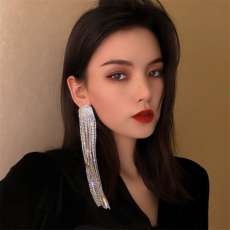 FYUAN Long Tassel Rhinestone Earrings