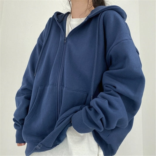 Sweat à capuche pour femme couleur unie poche zippée surdimensionné Harajuku sweats coréens femme à manches longues à capuche Streetwear haut décontracté