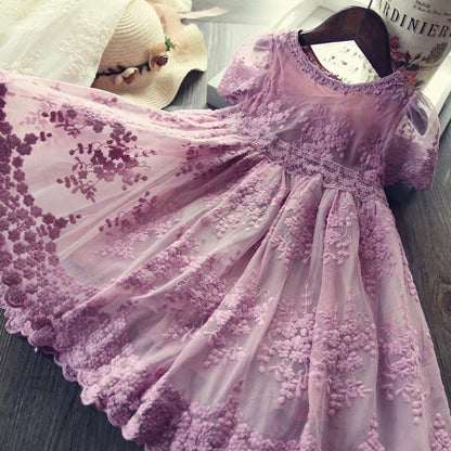 Girls Dress Embroidery Princess Party Autumn Spring Kids Children Clothes Elegant Purple And White 3-8T Lace Flower Girl Dresses