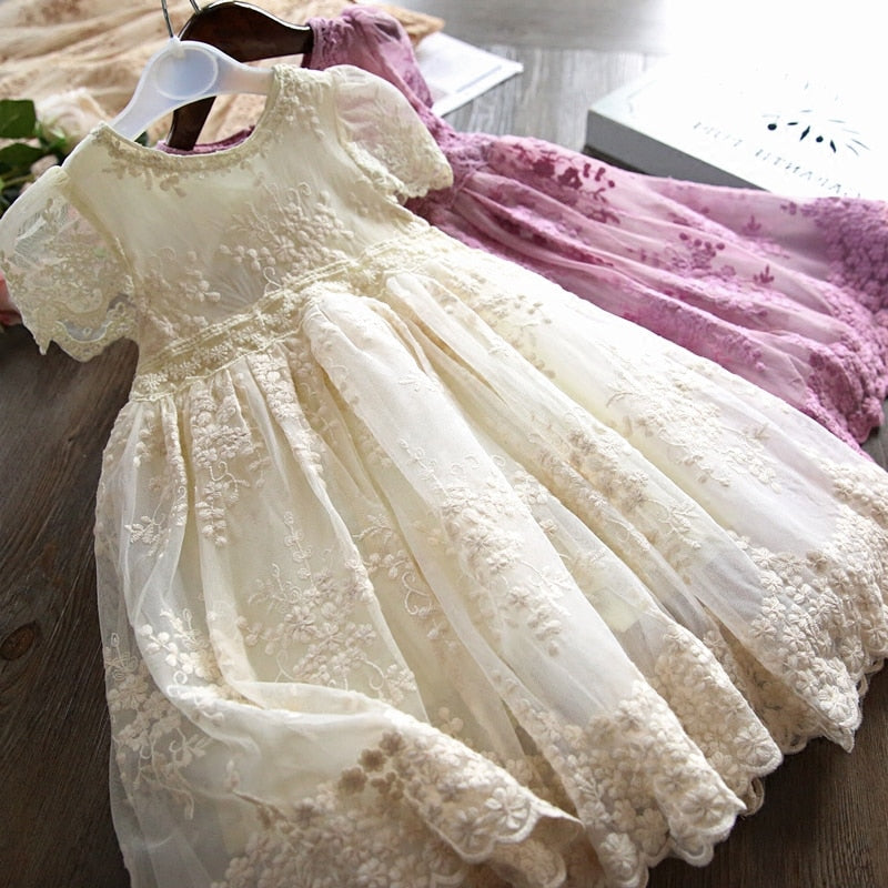 Girls Dress Embroidery Princess Party Autumn Spring Kids Children Clothes Elegant Purple And White 3-8T Lace Flower Girl Dresses