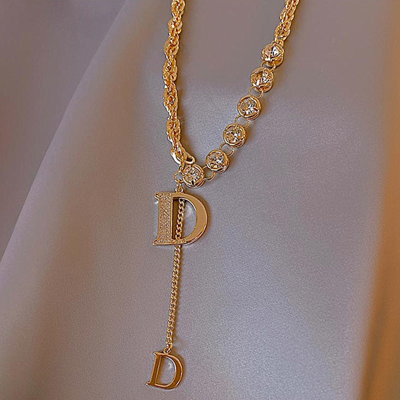 Zircon D Letter Pendant Long Necklace