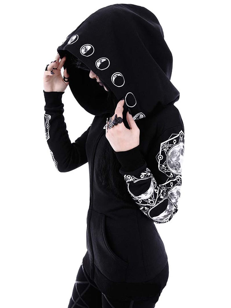 5XL Gothic Punk Women Print Long Sleeve Hoodies Sweatshirts Casual Zipper Jacket Hooded Tops Female Autumn Winter Black Hoodies.